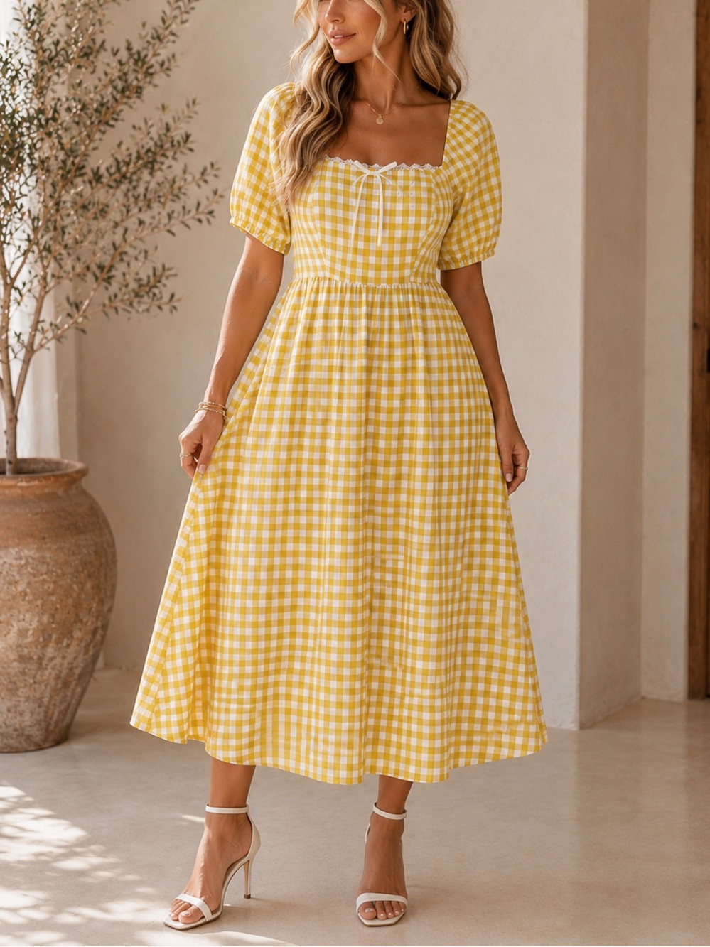 Yellow Gingham Midi Dress with Puff Sleeves